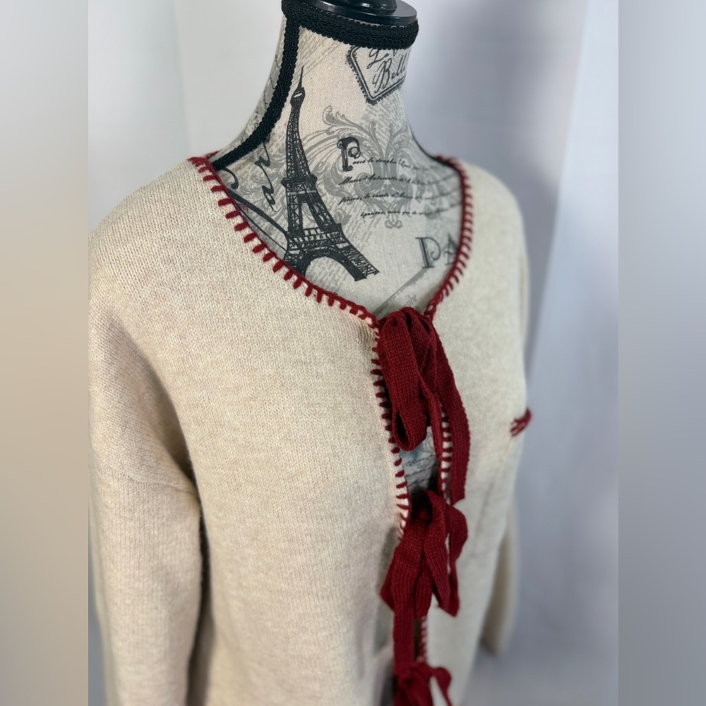 Sunday Edition Tie Front Cardigan Women Small Cream Burgundy Trim Cozy Boutique - Picture 8 of 11